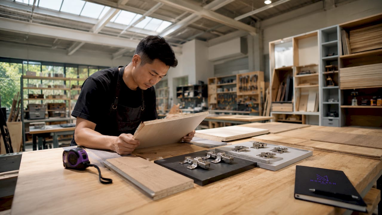 Hands selecting plywood and soft-close hardware components