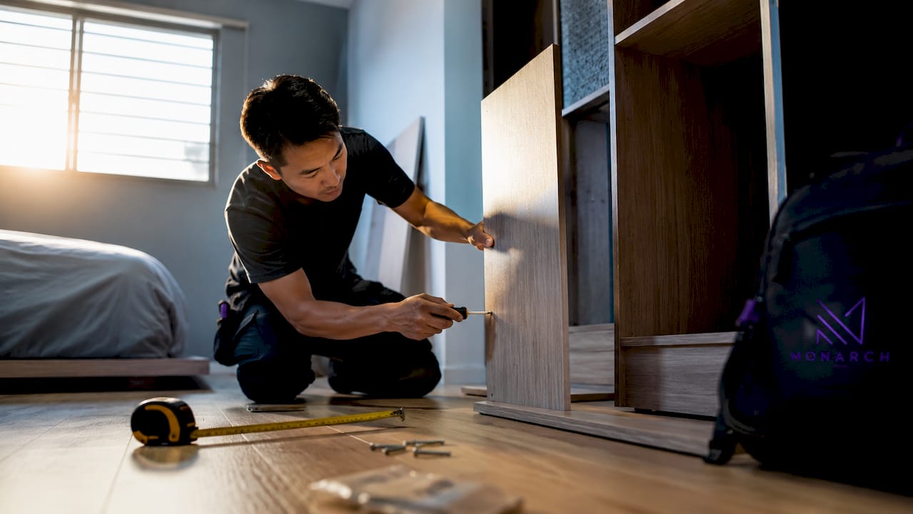 Hands assembling built-in wardrobe in HDB flat