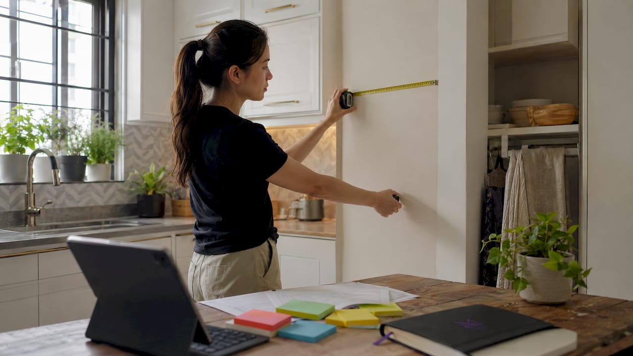 Singaporean woman measuring small HDB flat room