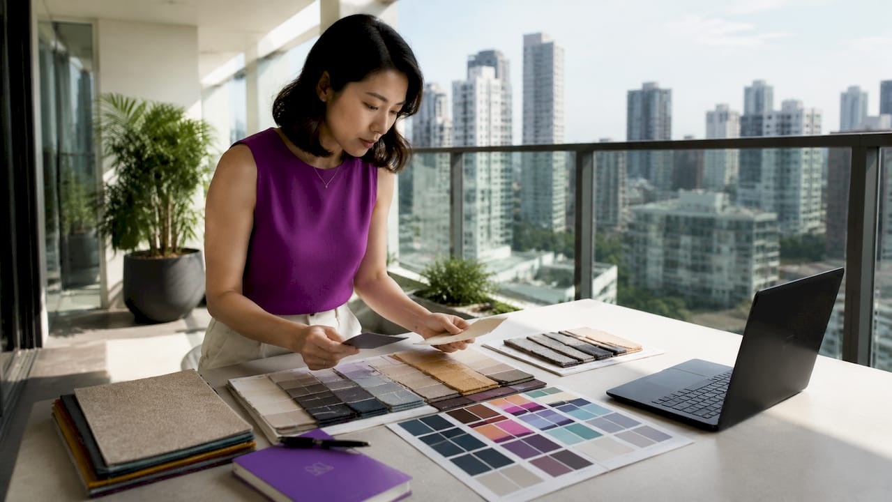 Singaporean woman arranging renovation mood board