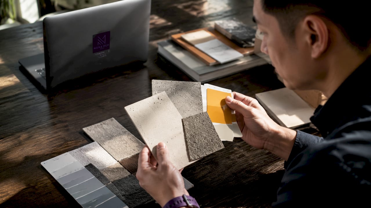 Close-up of renovation material samples and digital board