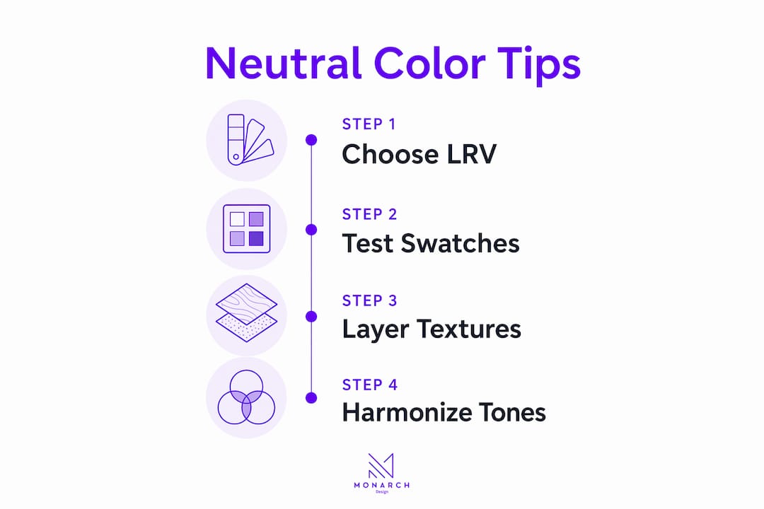 Infographic illustrating four steps for neutral color application in small homes