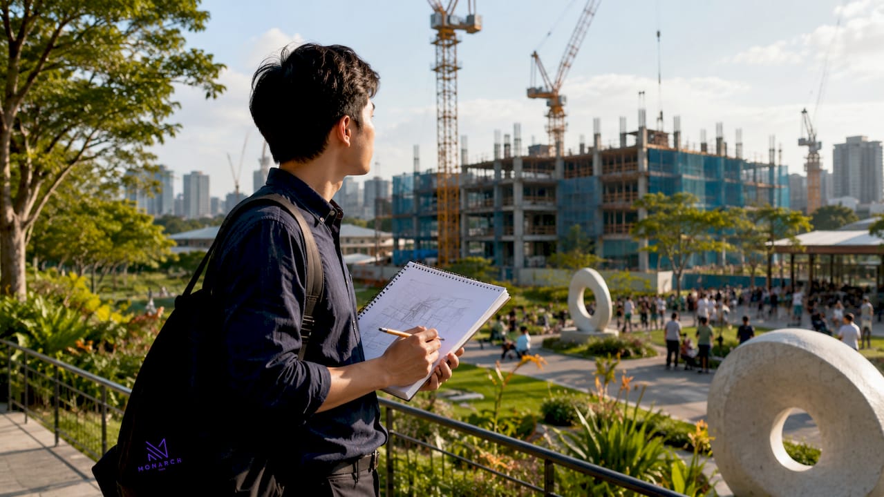 Singapore architect reviewing blueprints at construction site