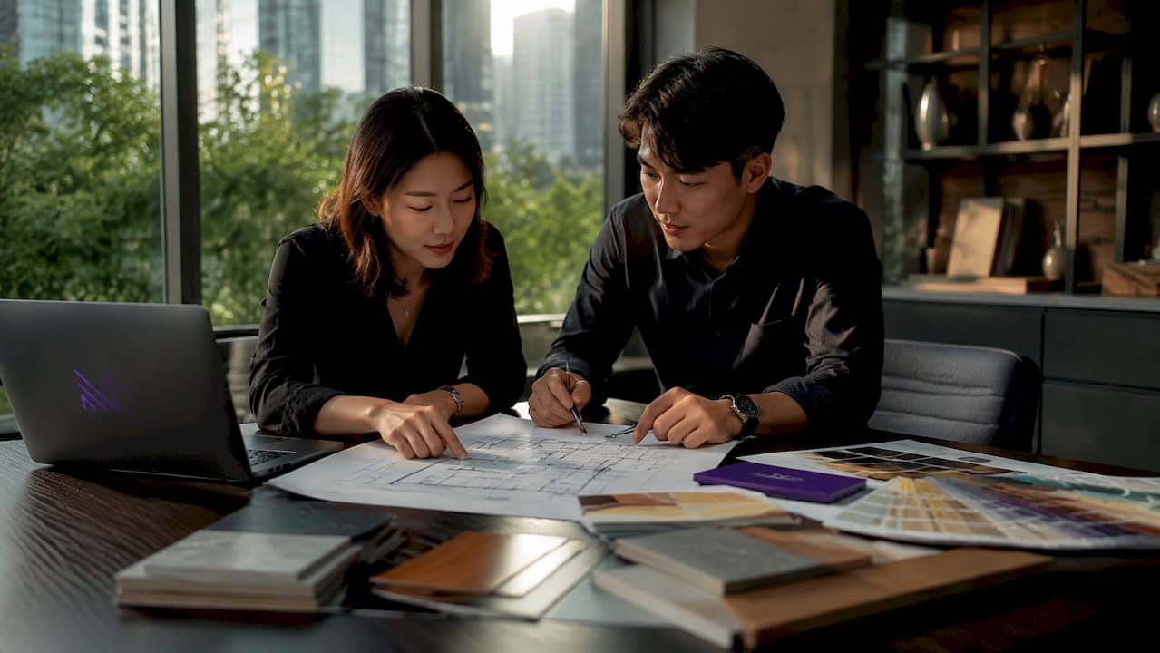 Singapore professionals collaborating on design plans in office