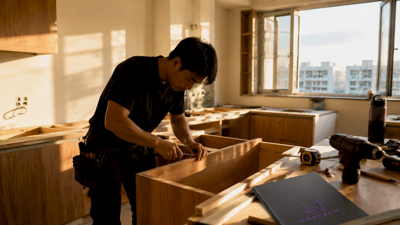 Contractor hands assembling cabinets during BTO renovation
