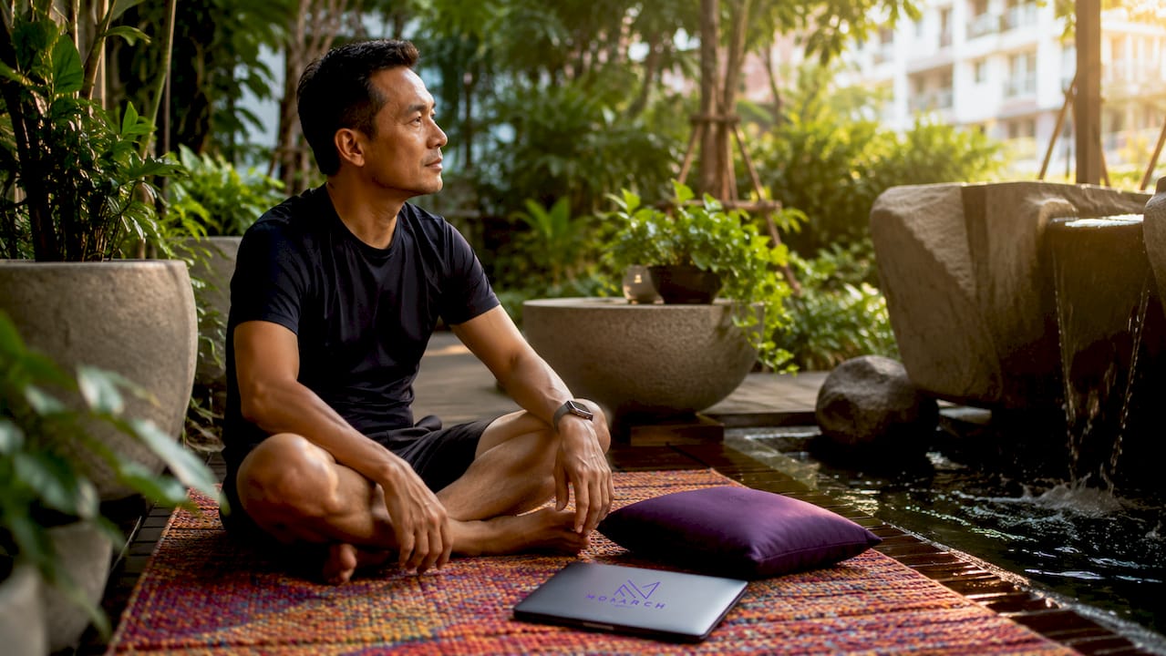 Asian man in Singapore home with natural patterned furniture and plants