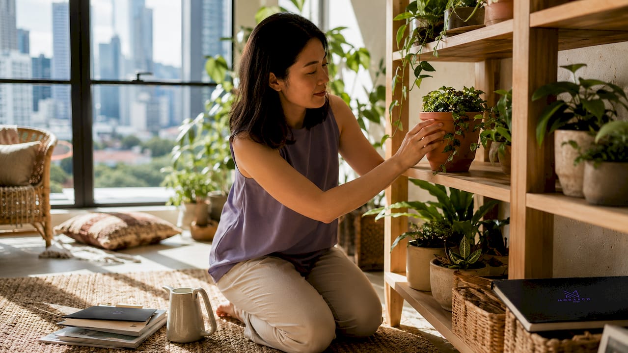 Singaporean woman arranging plants in biophilic living room