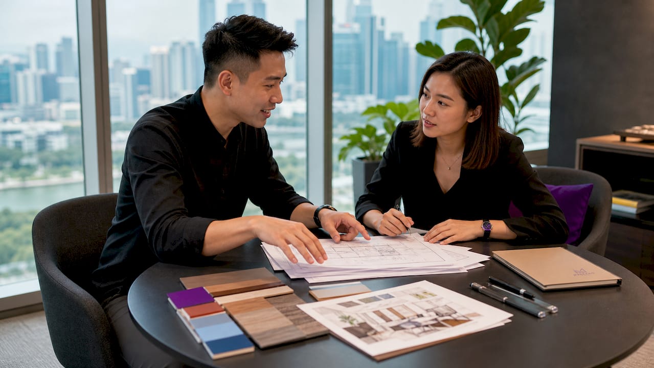 Interior design team collaborating over floor plans