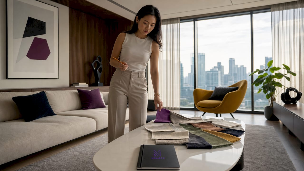 Singaporean female interior designer reviewing blueprints
