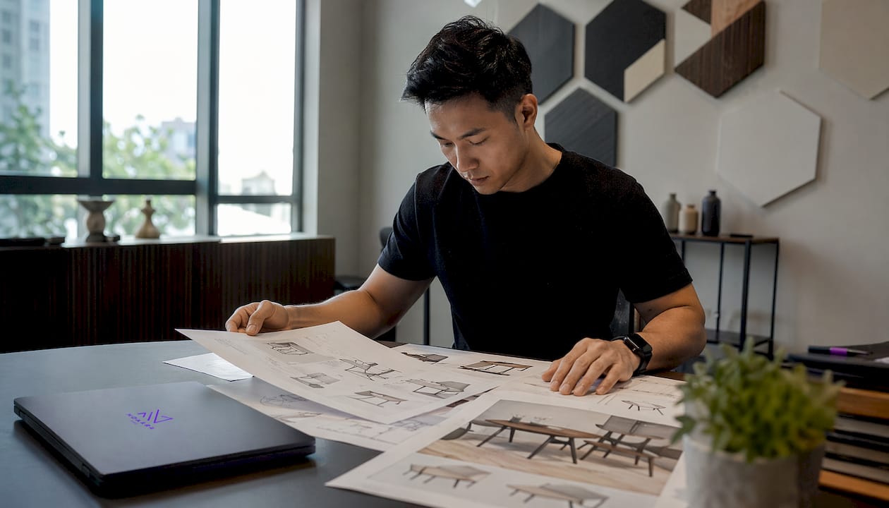 Singaporean man reviewing furniture design plans indoors