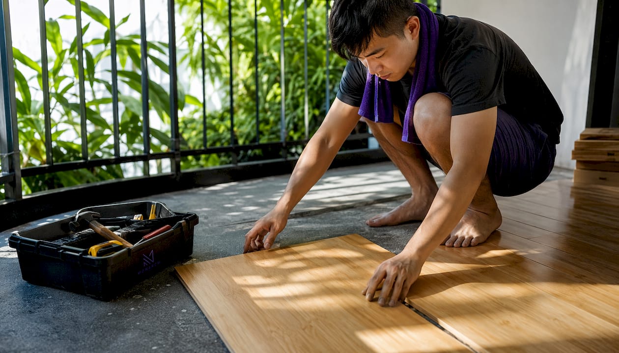 Hands installing bamboo flooring in Singapore home