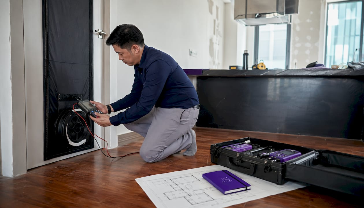 Singaporean energy assessor testing home air sealing
