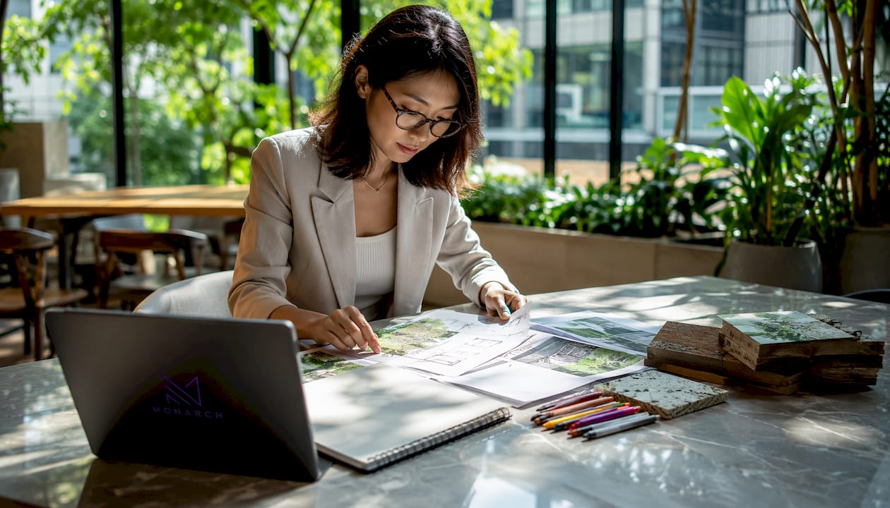 Singapore female architect reviewing green renovation plans