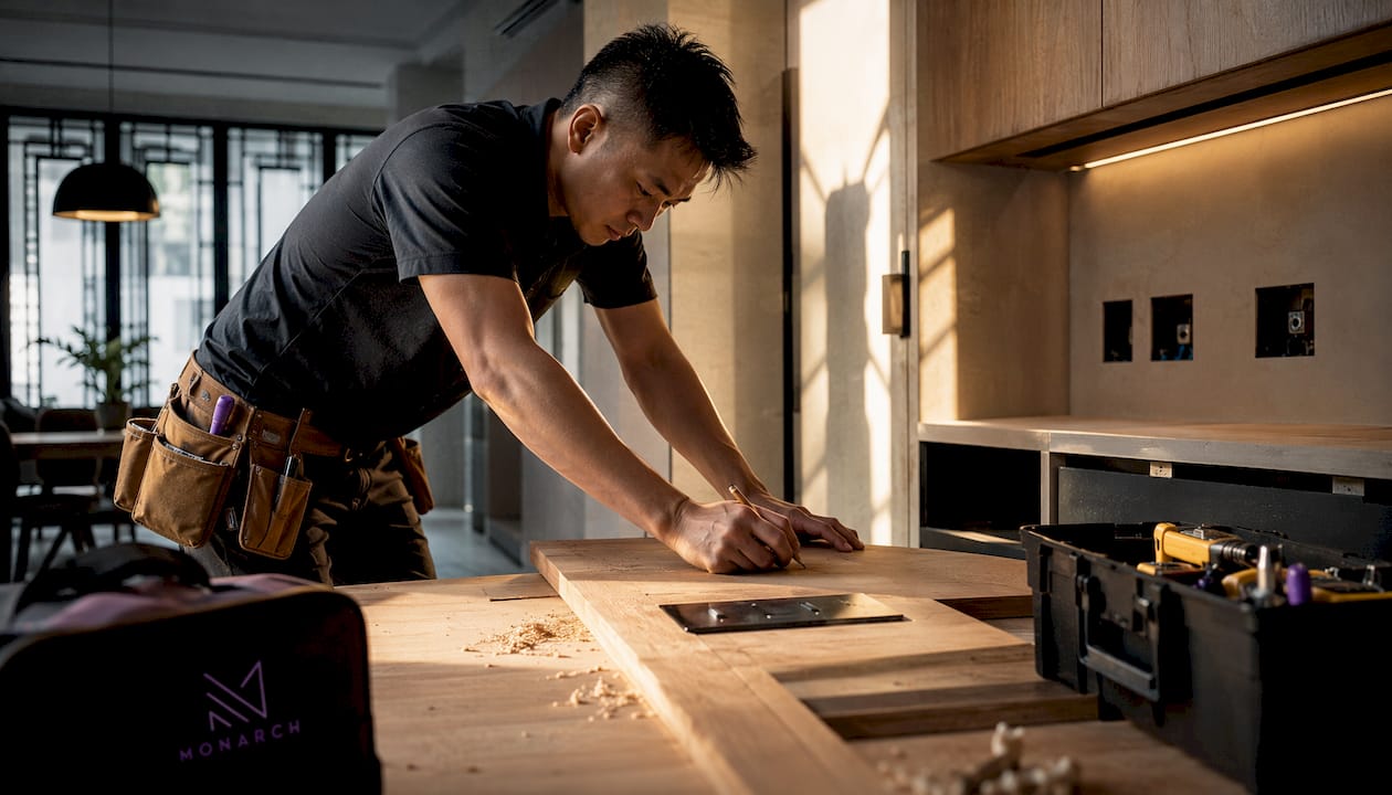 Singapore Asian carpenter prepares smart home installation