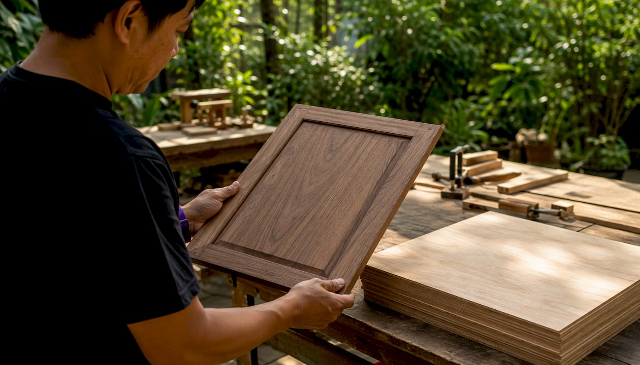 Hands comparing solid wood and plywood samples in workshop