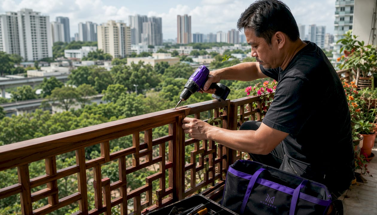 Asian craftsman installing wooden shelves in home