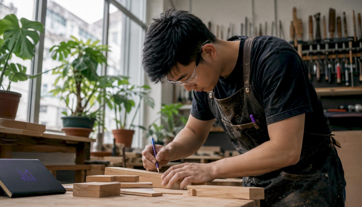 Singapore Asian carpenter measuring wood in workshop