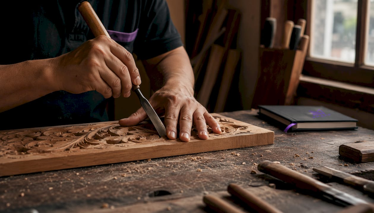 Close-up of Asian carpenter hands planing wood