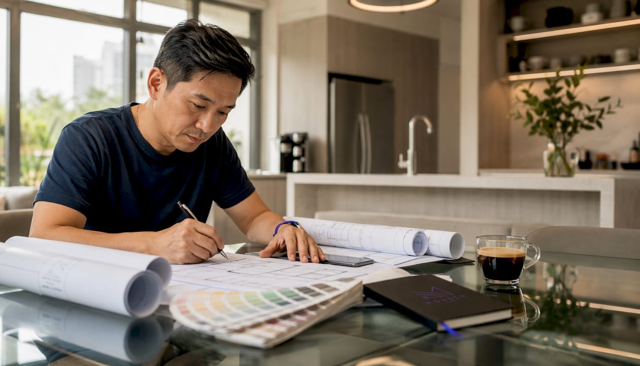 Singaporean man reviewing renovation plans at home