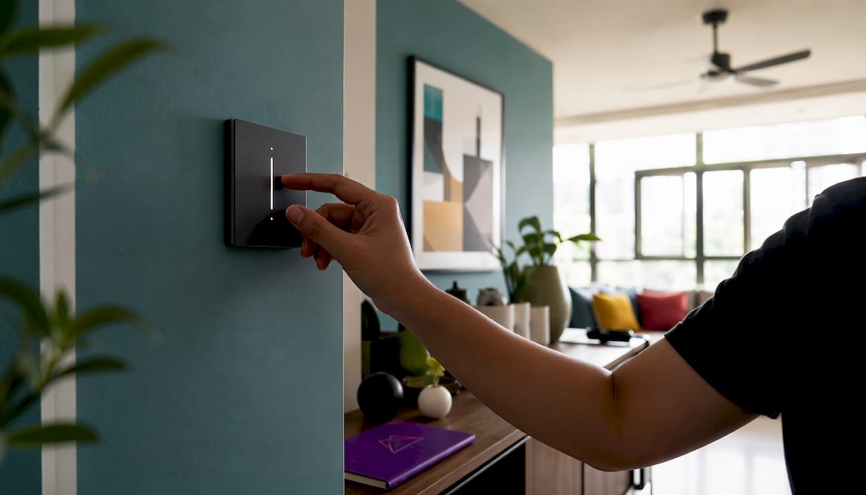 Hand adjusting smart dimmer switch in hallway