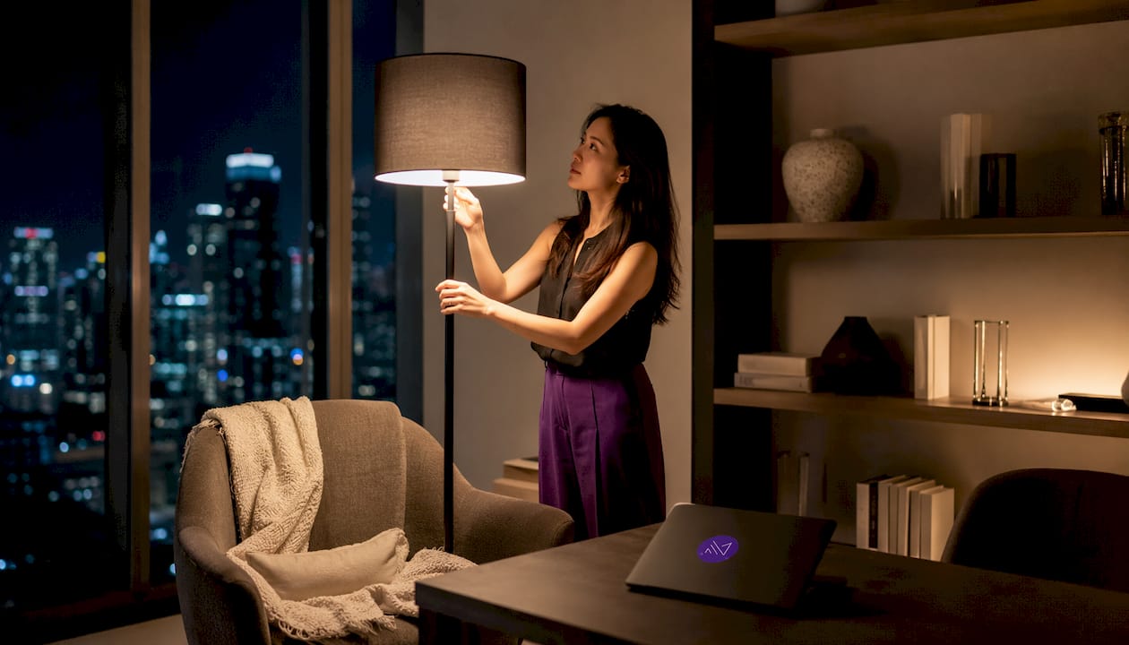 Singaporean woman adjusting ambient mood lighting