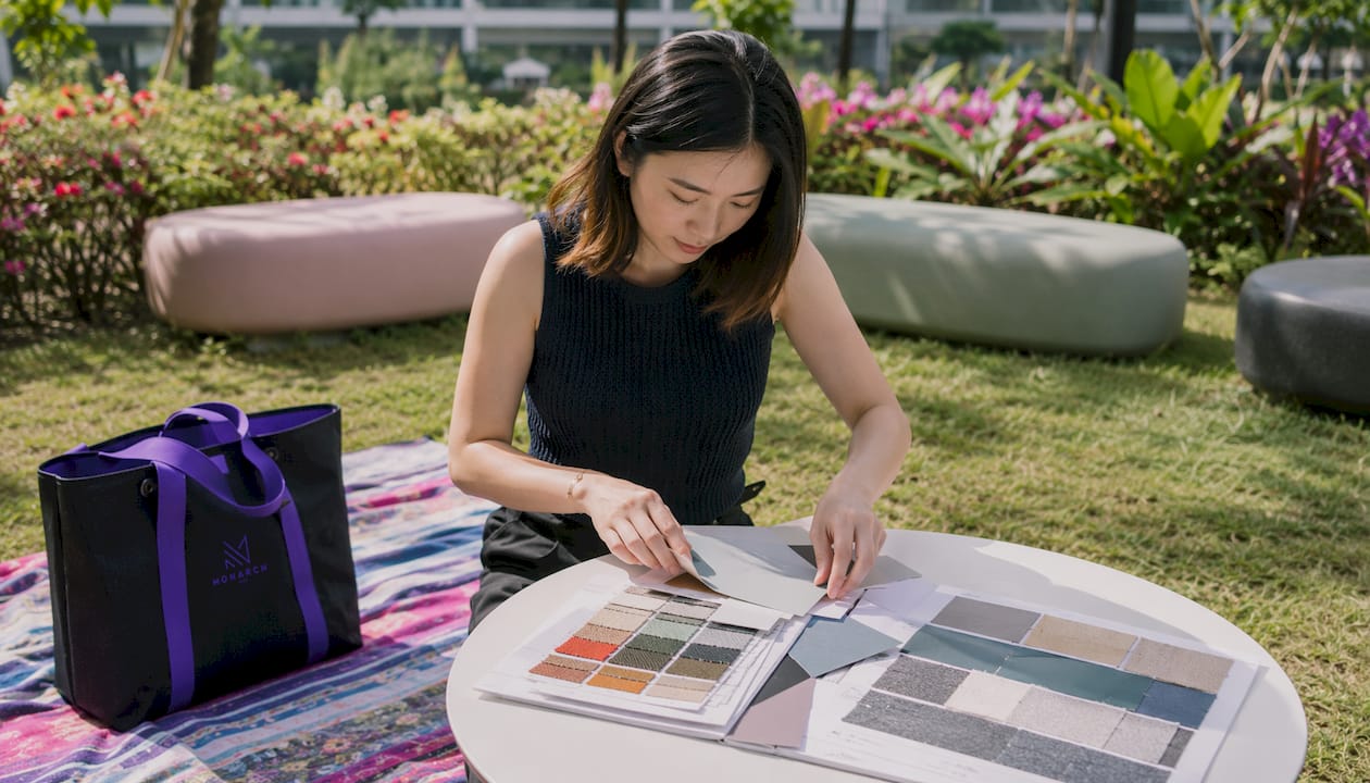 Singaporean woman arranging paint samples in small room