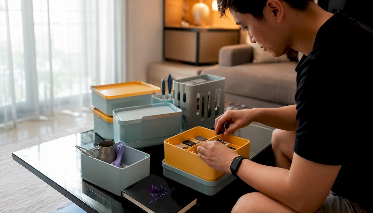 Hands organizing storage boxes in Singapore flat