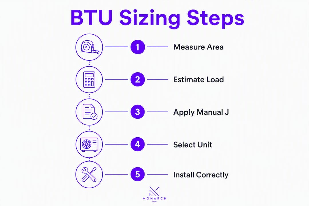 Infographic showing steps for BTU sizing process