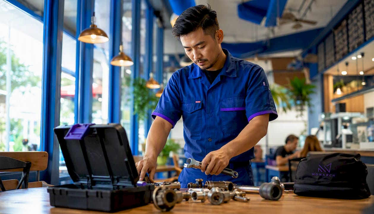 Singapore plumber preparing tools indoors