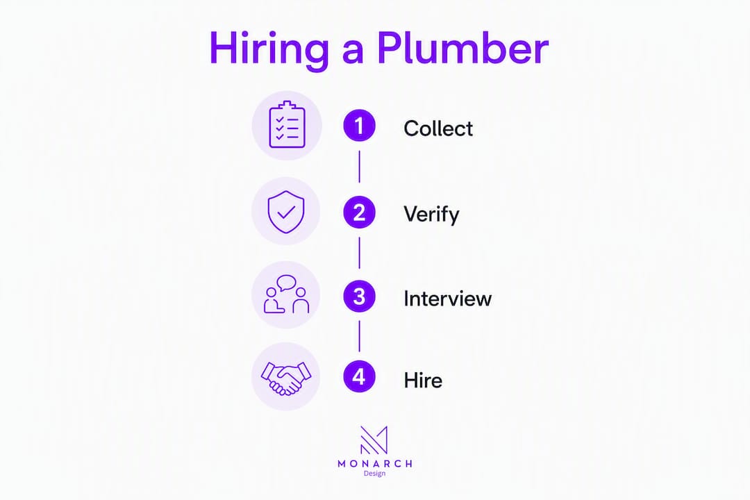 Infographic showing four steps to hire a plumber