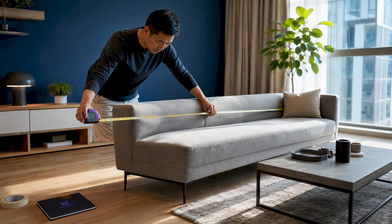 Singapore Asian man measuring sofa in condo living room