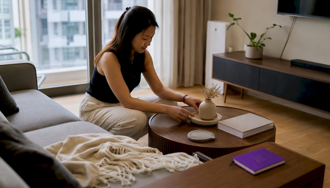 Singapore Asian woman arranging decor in condo living room