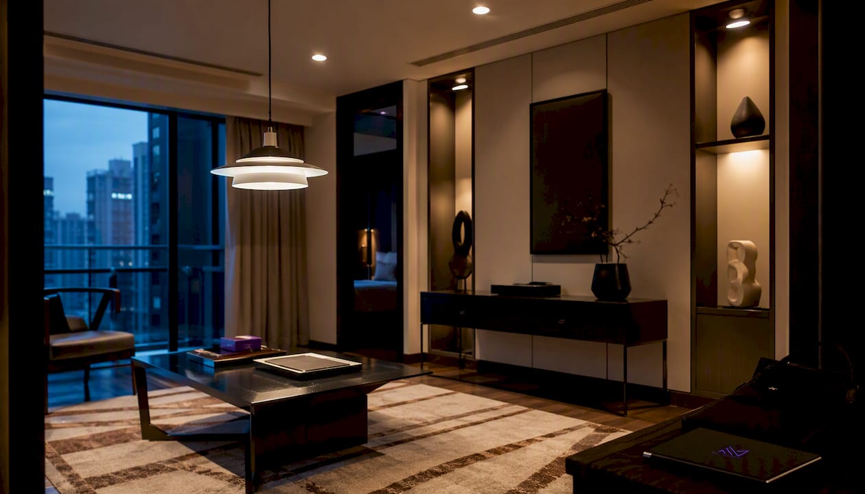 Layered lighting in Singapore condo living room at dusk