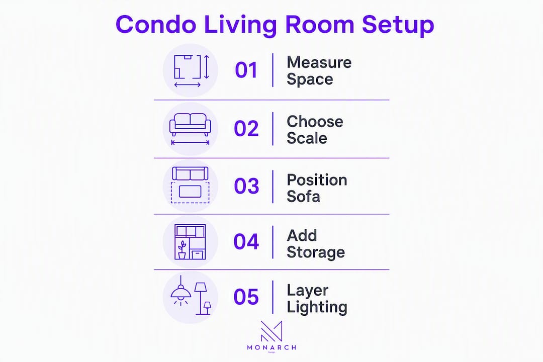 Infographic with condo living room planning steps