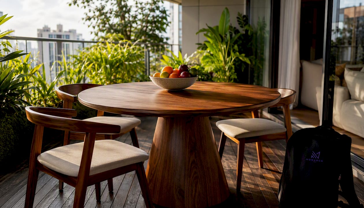 Round pedestal dining table detail with teapot set