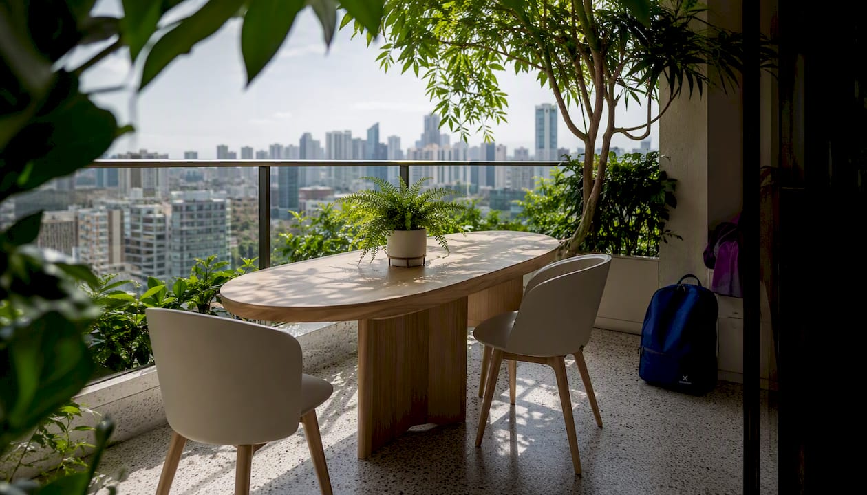 Compact dining space with round pedestal table in Singapore apartment