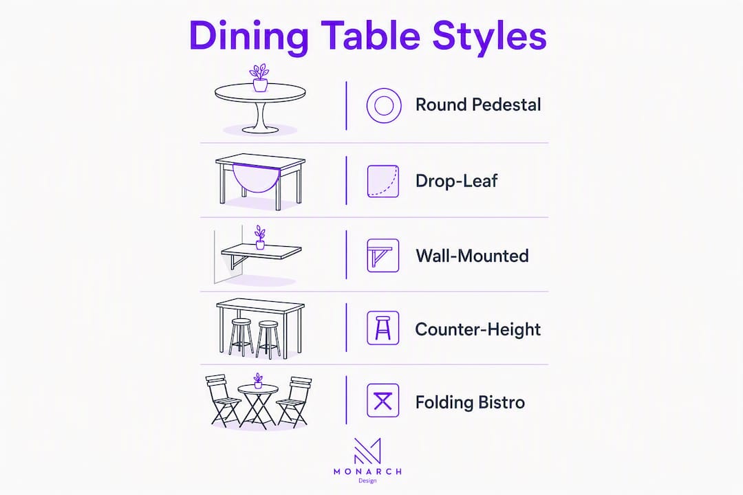 Infographic showing key small apartment dining table styles