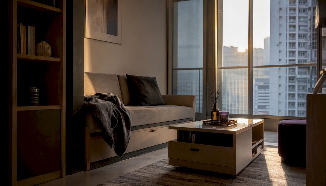 Stylish small condo living room with built-in storage