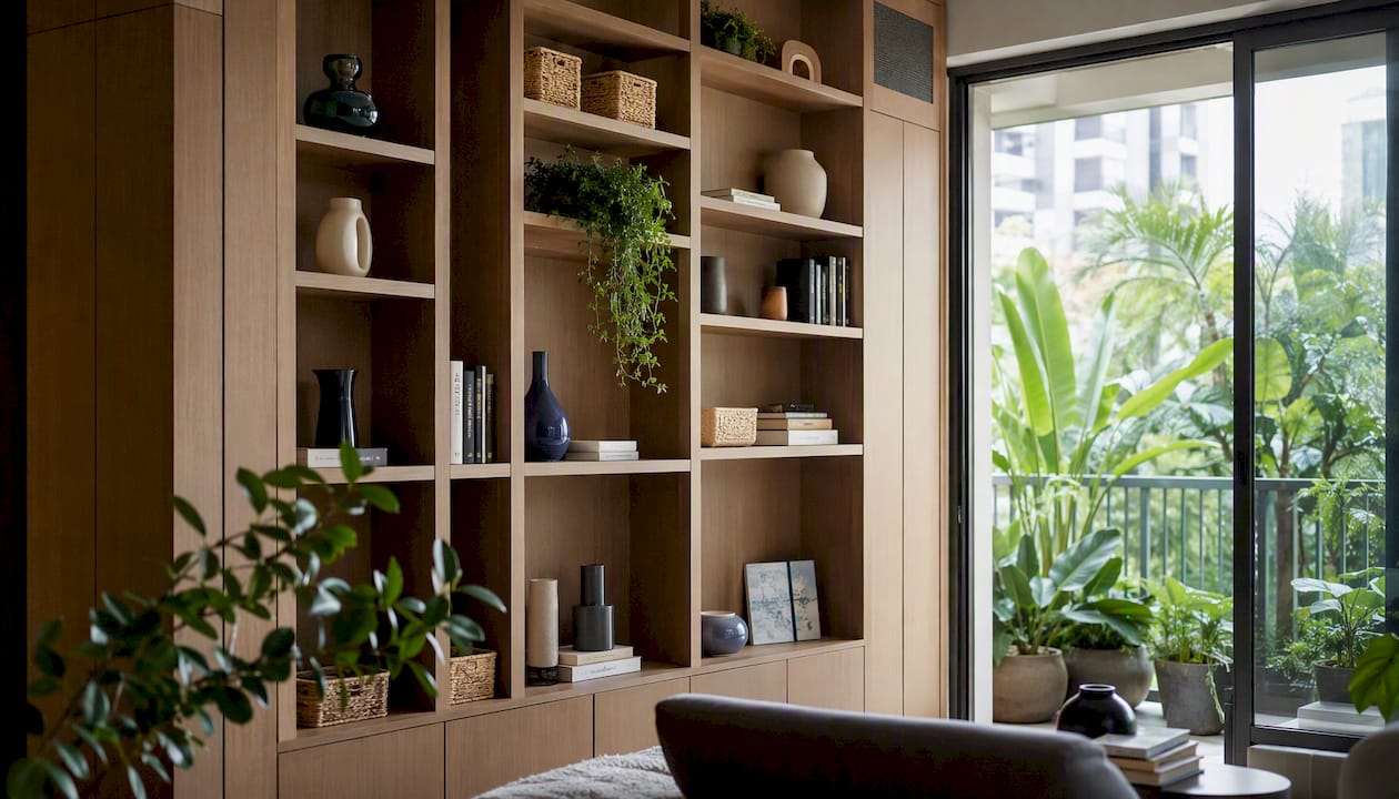 Tall built-in bookshelf in condo living room