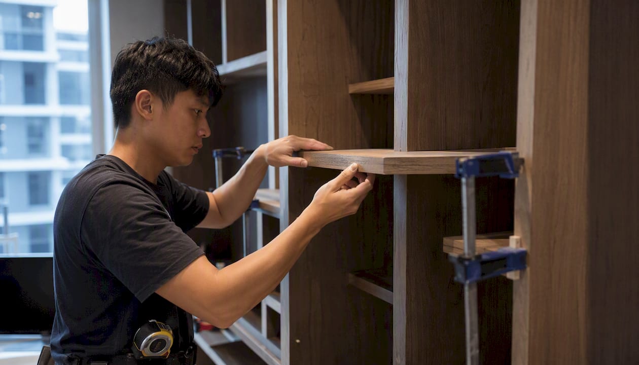 Hands assembling built-in carpentry panel