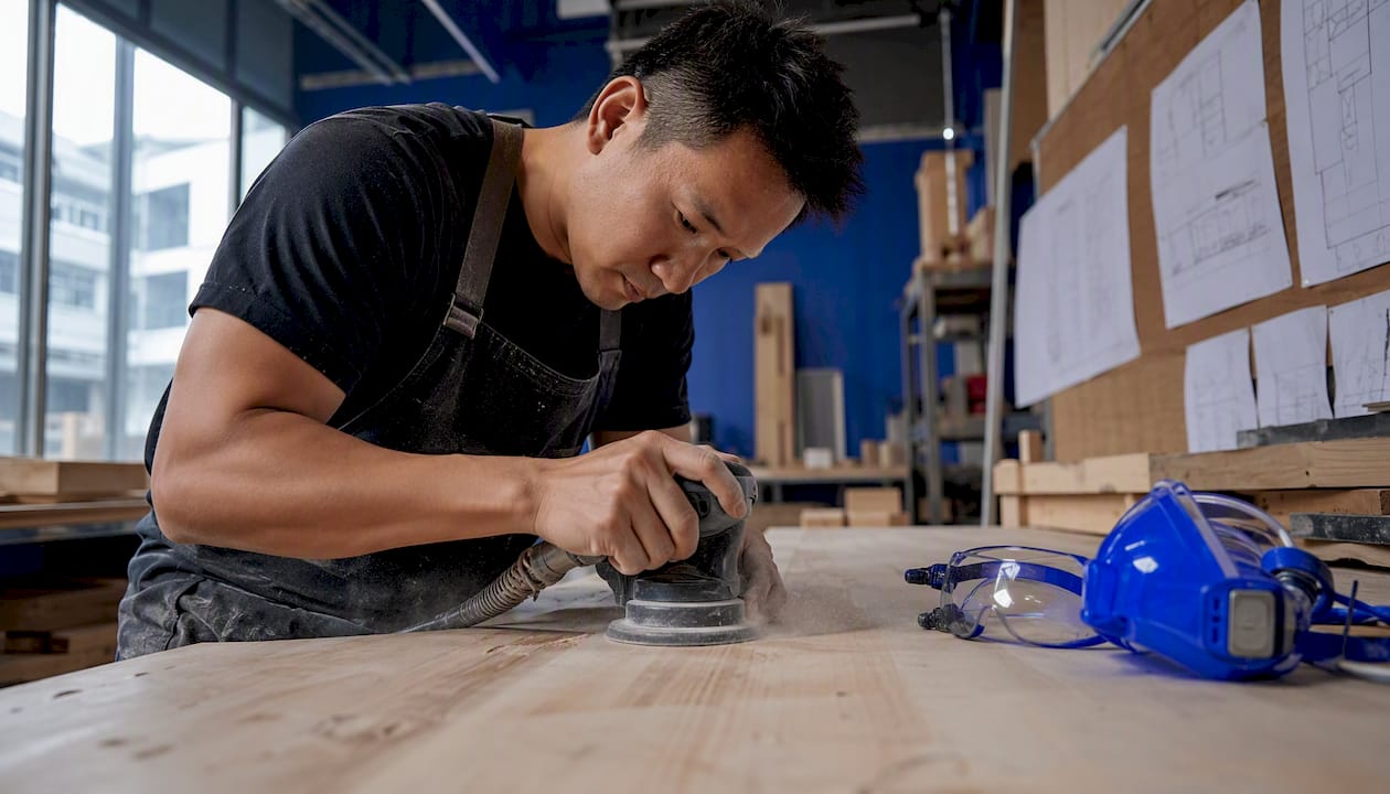 Carpenter measuring wood panel in renovation site