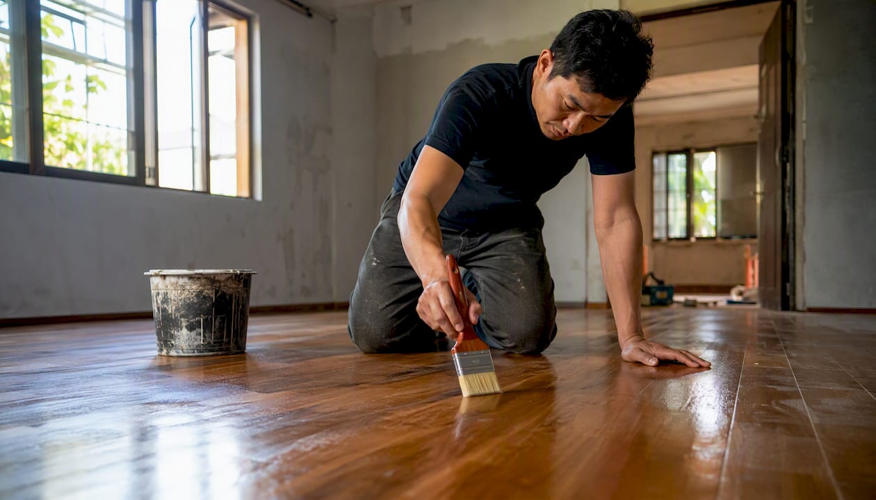 Carpenter sanding hardwood floor in renovation