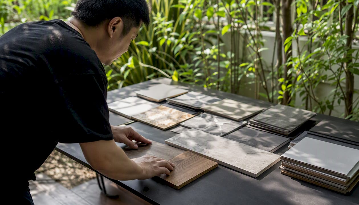 Hands arranging renovation material samples