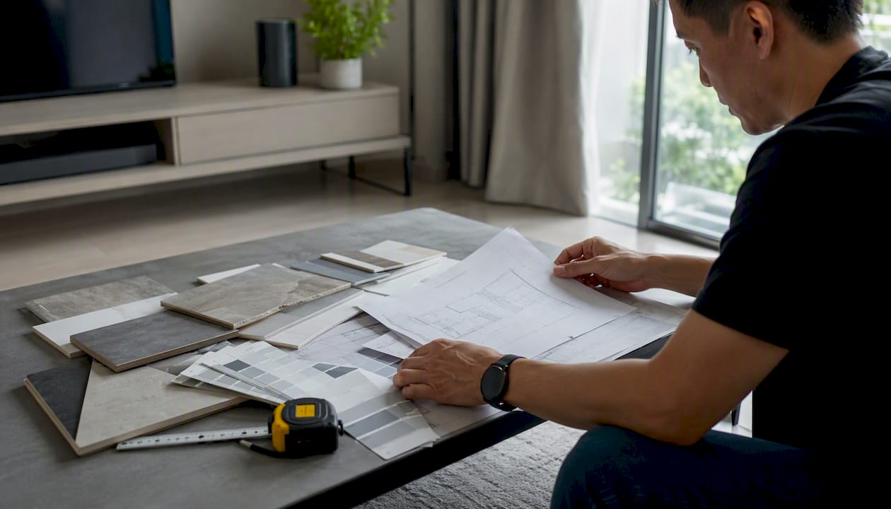 Hands with renovation plans and material samples