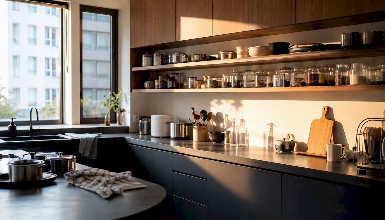 Minimalist kitchen with open pantry storage