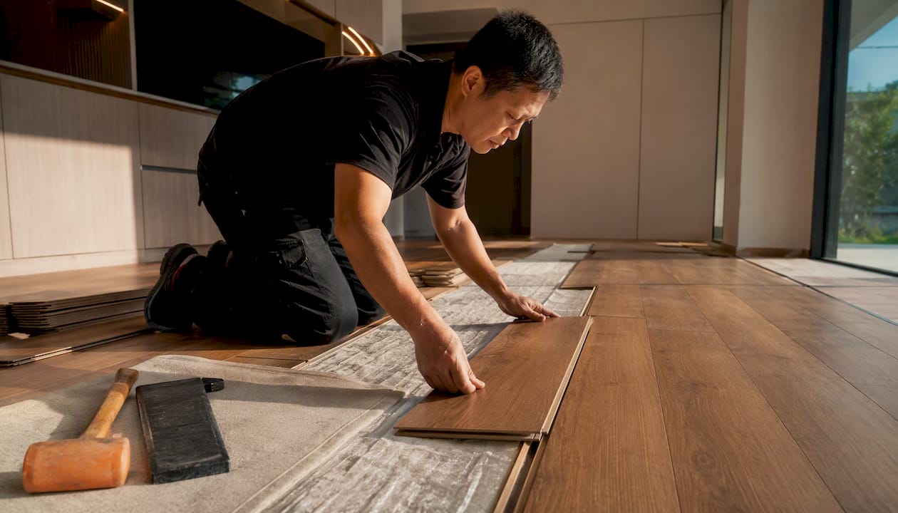 Hands installing engineered wood flooring