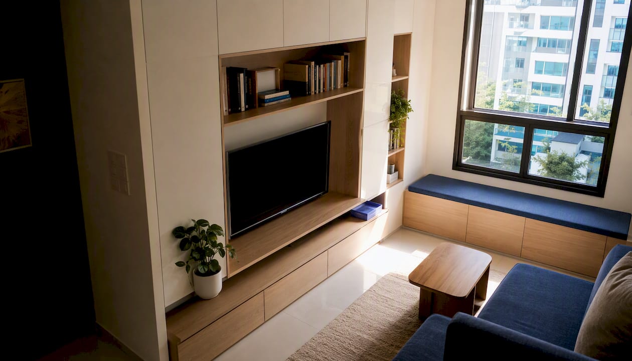 Compact HDB living room with built-in storage