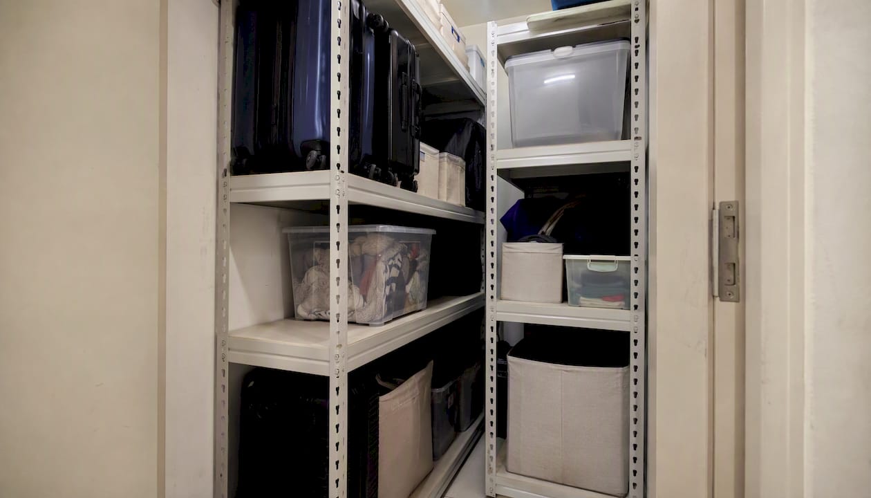 Storeroom with L-shaped adjustable shelves in HDB flat
