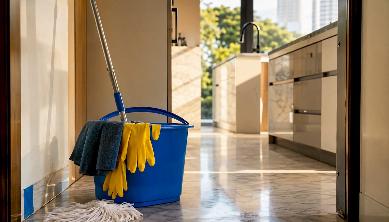 Cleaning supplies arranged near home entry