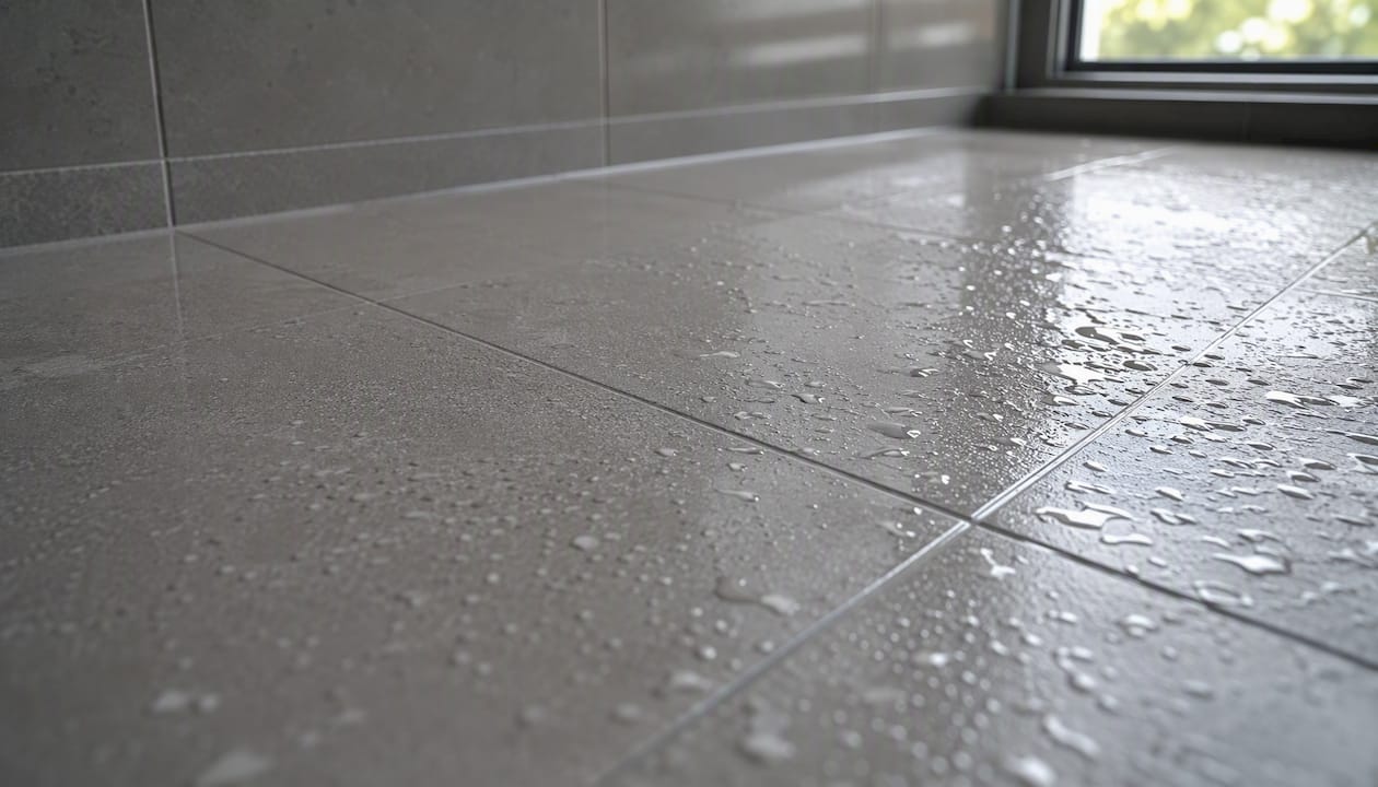 Porcelain tiled bathroom floor with water droplets
